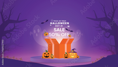Halloween Flash Sale banner with 50% off discount. Spooky marketing promotion template for retail advertising, social media posts, and holiday offers with pumpkins and a haunted house.