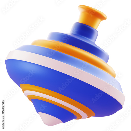 3D Render Vivid 3D spinning top with blue, orange, white stripes; dynamic promo asset for toys, games, or kid-friendly campaigns.