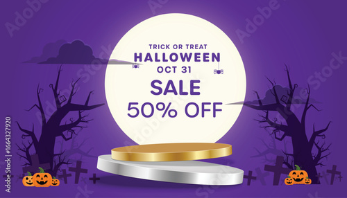 Halloween Flash Sale banner with 50% off discount. Spooky marketing promotion template for retail advertising, social media posts, and holiday offers with pumpkins and a haunted house.