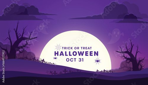 Halloween party invitation banner with a spooky landscape background. Vector graphic featuring a haunted house, graveyard, pumpkins, and bats for the October 31st celebration.