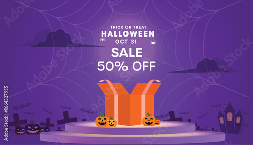 Halloween Flash Sale banner with 50% off discount. Spooky marketing promotion template for retail advertising, social media posts, and holiday offers with pumpkins and a haunted house.