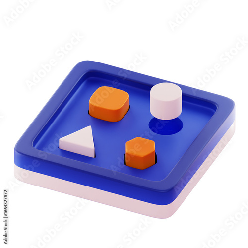 3D Render Isometric 3D tray with geometric blocks, suitable for educational apps and marketing visuals.
