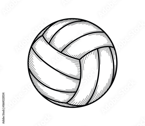 Detailed monochrome volleyball. Sports equipment illustration. Black outlines on a white background.