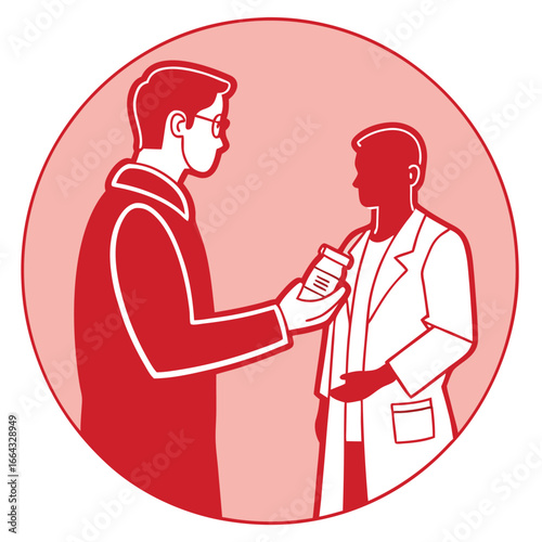 Pharmacist in lab coat handing medication bottle to patient doctor medical