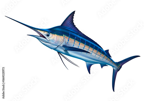 Vibrant, detailed illustration of a majestic marlin against a striking black background, showcasing intricate scales and a dynamic pose.