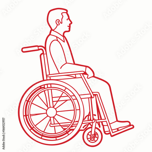Red line art of a man in a wheelchair facing right person disability