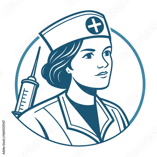 Stylized female nurse with syringe and medical cross emblem woman healthcare