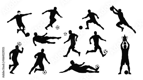 Collection of soccer player silhouettes in various poses, isolated on white background, demonstrating skill and athleticism in football