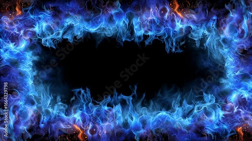 Vibrant Blue and Orange Abstract Frame with Swirling Energy Particles Against Black Background