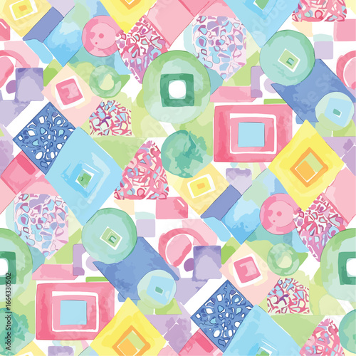 Seamless Pattern, Vibrant geometric watercolor pattern with playful shapes and pastel color palette Stock royalty free image.