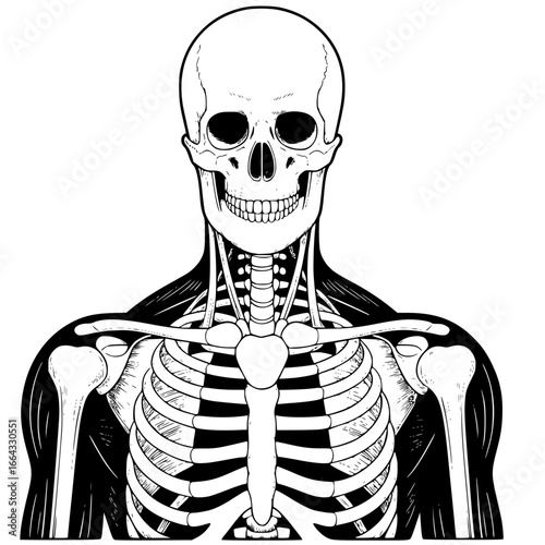 Anatomical study of a human skeleton: A detailed and precise illustration of the human skeletal structure, emphasizing the complex framework of bones that supports the body. 