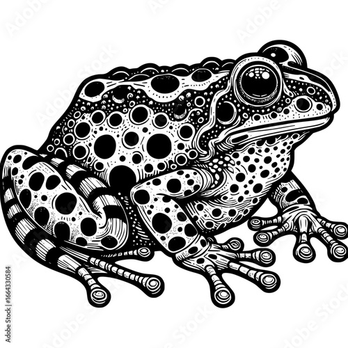 Frog: An illustration of a frog with detailed textures and patterns, meticulously crafted in black and white, capturing the essence of amphibian life.
