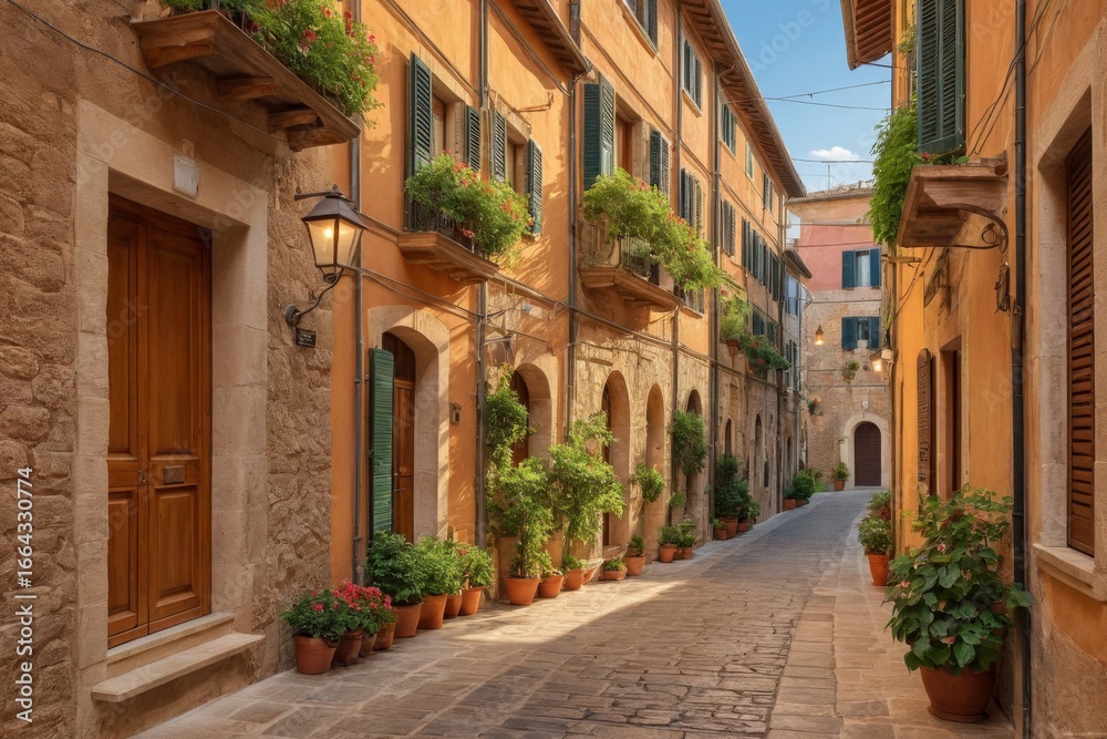 Fototapeta premium Malerische Gasse mit blauen Fensterläden und blühenden Pflanzen in Terrakotta-Töpfen