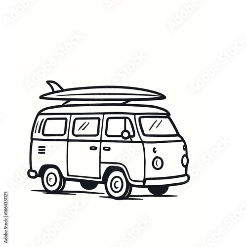 Surf Van on the Road: A nostalgic black and white depiction of a vintage van, complete with a surfboard. ready for a journey to the sea.