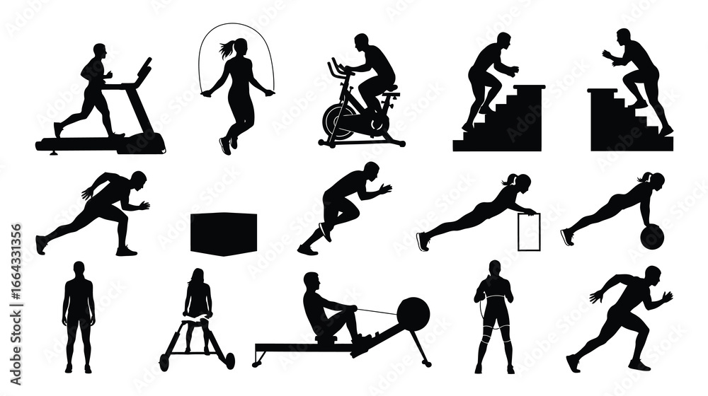 Fototapeta premium Silhouette of people doing cardio and crossfit exercises isolated on white background