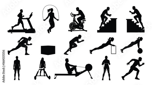 Silhouette of people doing cardio and crossfit exercises isolated on white background