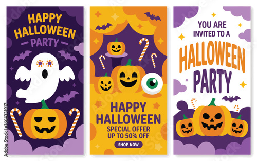 Vibrant Halloween promotional posters with party theme