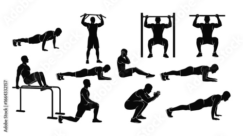 Silhouette of various fitness exercises, including pushups, pullups, squats, situps, planks, lunges, and dips isolated on white background