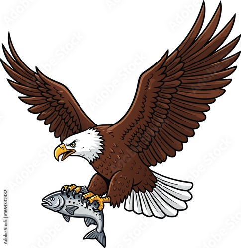 Majestic american bald eagle soaring with a fish in its powerful talons illustration