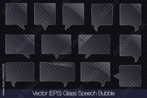 Realistic 3D transparent glass speech bubble in square and rectangle shape with glare, flat glass or plastic plate, flat transparent glass lens, realistic screen glass, window mockup
