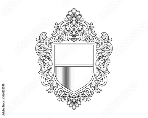 Detailed heraldic shield featuring floral ornaments and structured lines. Ornate emblem, black and white vector.