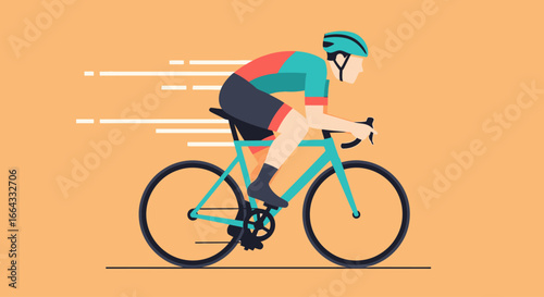 A cyclist in racing gear speeds along,  blurred motion lines suggesting high velocity.