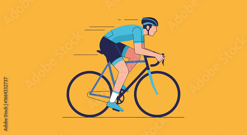 Cyclist in blue jersey speeds along, road bike, motion blur, athletic.