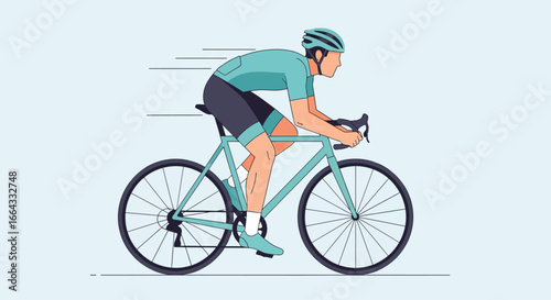 Cyclist in teal racing attire speeds along, motion blur suggesting high velocity.