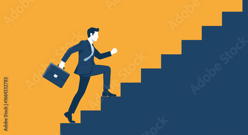 Businessman ascending a staircase, symbolizing career advancement and progress.
