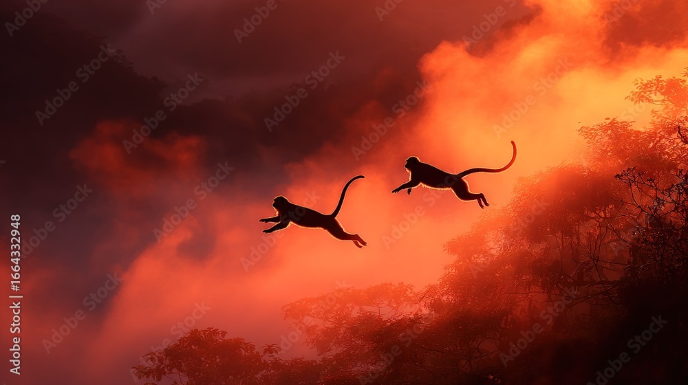 Fototapeta premium A pair of monkeys soaring through the sky above a forest during sunset with an orange and red backdrop