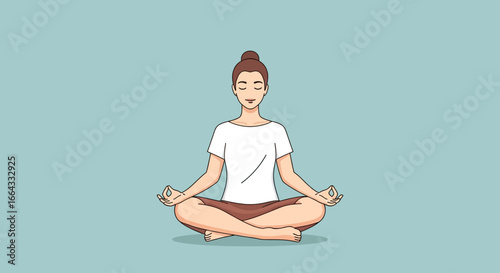 A woman sits cross-legged, meditating with closed eyes, radiating peace and tranquility.