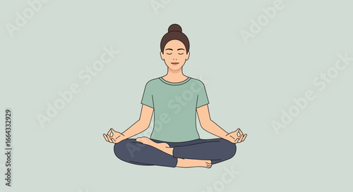 A woman sits in a cross-legged position, meditating with eyes closed, serene and calm.