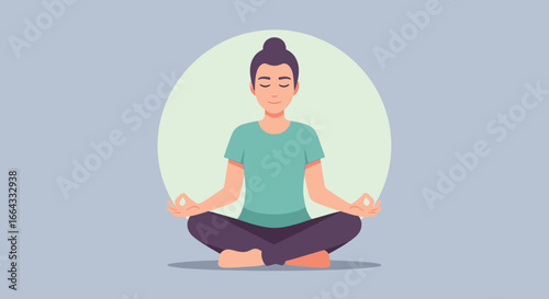A person meditating in a lotus position, eyes closed, with a serene expression, against a light blue background.