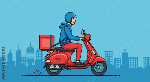 A delivery person rides a red scooter through a city, carrying a food delivery bag.