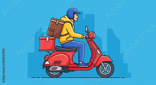A delivery person wearing a helmet rides a red scooter with food boxes against a stylized city skyline backdrop.
