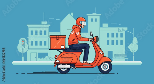 Delivery man on a scooter with a package, riding through a stylized city landscape with buildings and trees.