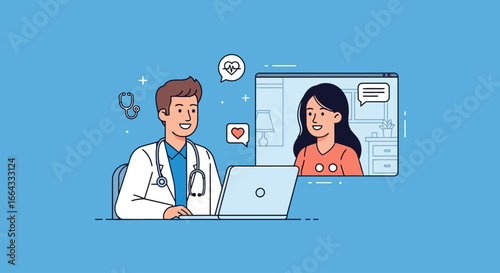 A smiling doctor provides an online medical consultation to a female patient via video call, representing telehealth and virtual healthcare services