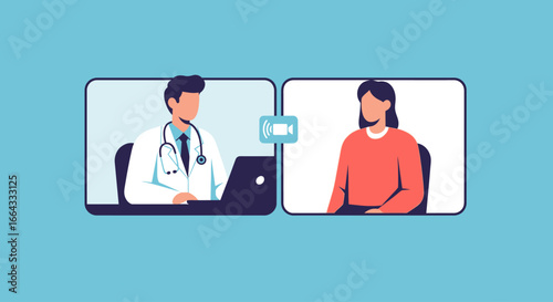 Doctor and patient on laptop screens for a virtual medical consultation. Concept of telemedicine, telehealth, and online doctor services