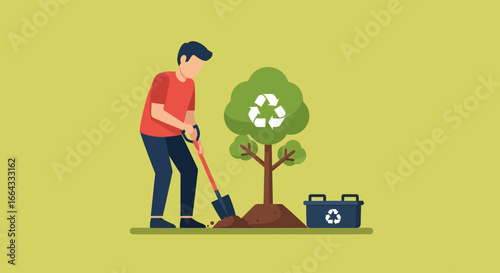 A person with a shovel contributes to environmental protection by planting a tree, symbolizing recycling, conservation, and a greener future