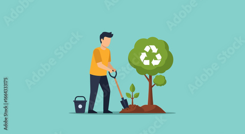 Illustration of a man planting a sapling next to a tree with a recycling symbol, with a bucket nearby, against a light blue background.
