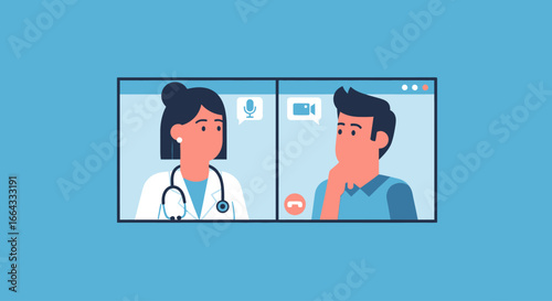 A doctor provides a virtual consultation to a male patient via video call on a computer screen, with speech bubbles and call icons displayed.