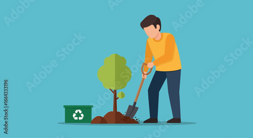 A person planting a small tree, next to a recycling bin, illustrating environmental responsibility.
