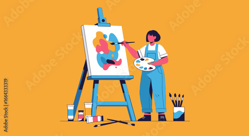 Vector illustration of a female artist engrossed in her creative process, painting an abstract masterpiece on an easel in her studio