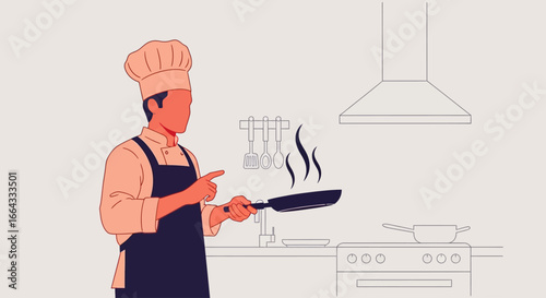 Chef in kitchen cooking with a frying pan, pointing with his left hand, smoke rising from the pan.