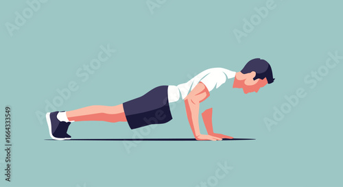 Man doing push-ups, exercising in a white t-shirt and black shorts against a light blue background.