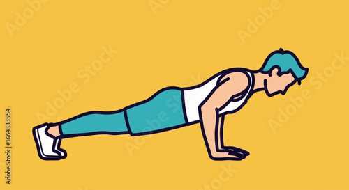 Illustration of a man doing a push-up exercise, with a yellow background, showcasing fitness and physical activity.