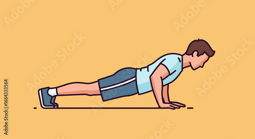 Illustration of a man doing a push-up exercise on a yellow background, demonstrating fitness and strength training.