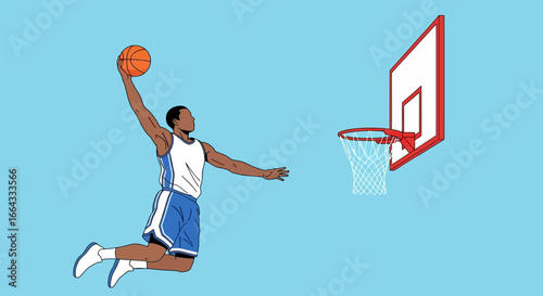A basketball player in mid-air, performing a dunk shot, against a light blue background.