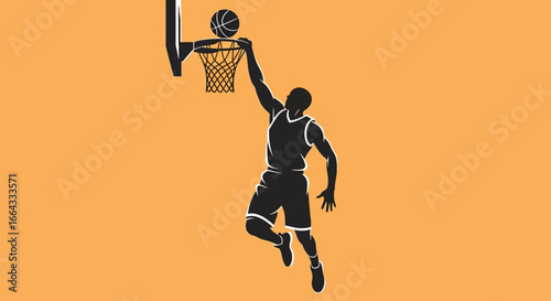 Silhouette of a basketball player dunking a basketball into a net, against a solid orange background.