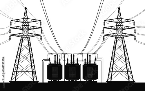 Electric power station silhouette, high voltage substation vector, electricity transmission tower illustration, industrial energy infrastructure design, black and white utility scene